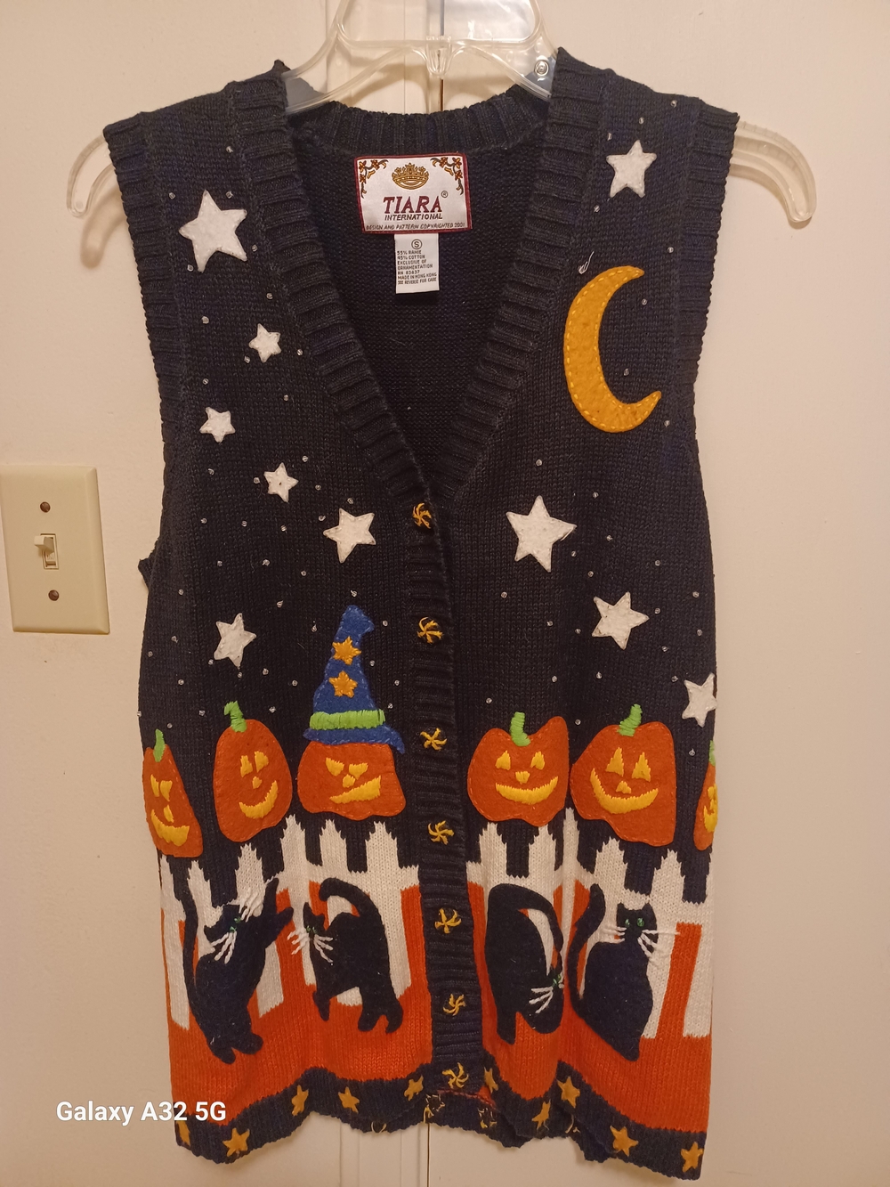 Tiara Black Knit Halloween Vest with Orange Pumpkins and Black Cats